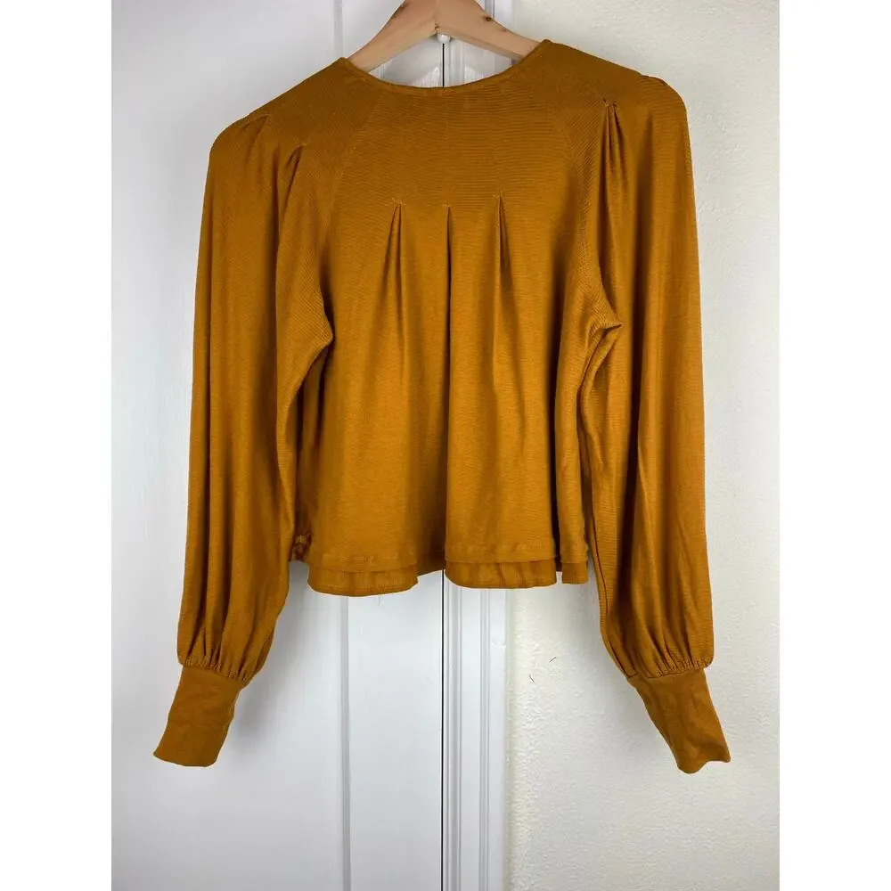 Free‎ People Women's Size XS Ochre Ribbed Long Puff Sleeve Crop Top *